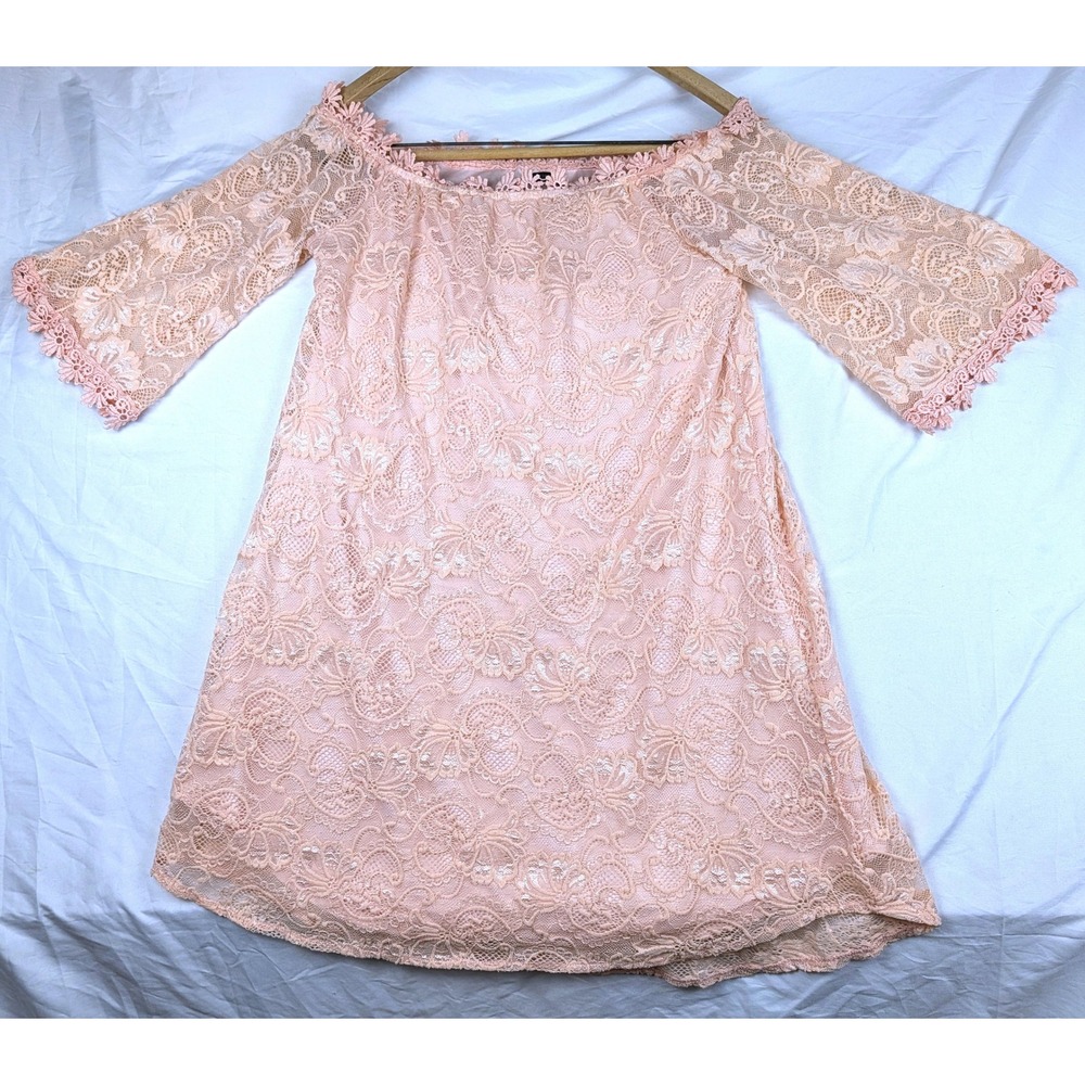 Miholl Pink Lace Off The Shoulder Bell Sleeve Mini Dress Size M
